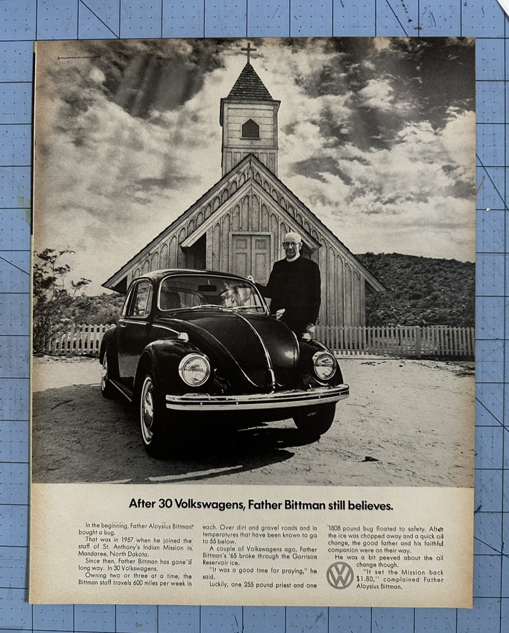 1969 Volkswagen Bug Car Vintage Ad Father Bittman Still Believes